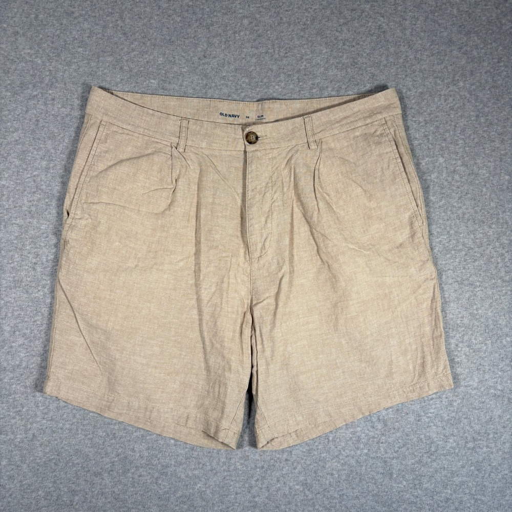 Old Navy Shorts Mens 36 Tan Slim Linen Blend Casual Summer Pleated 7" Inseam